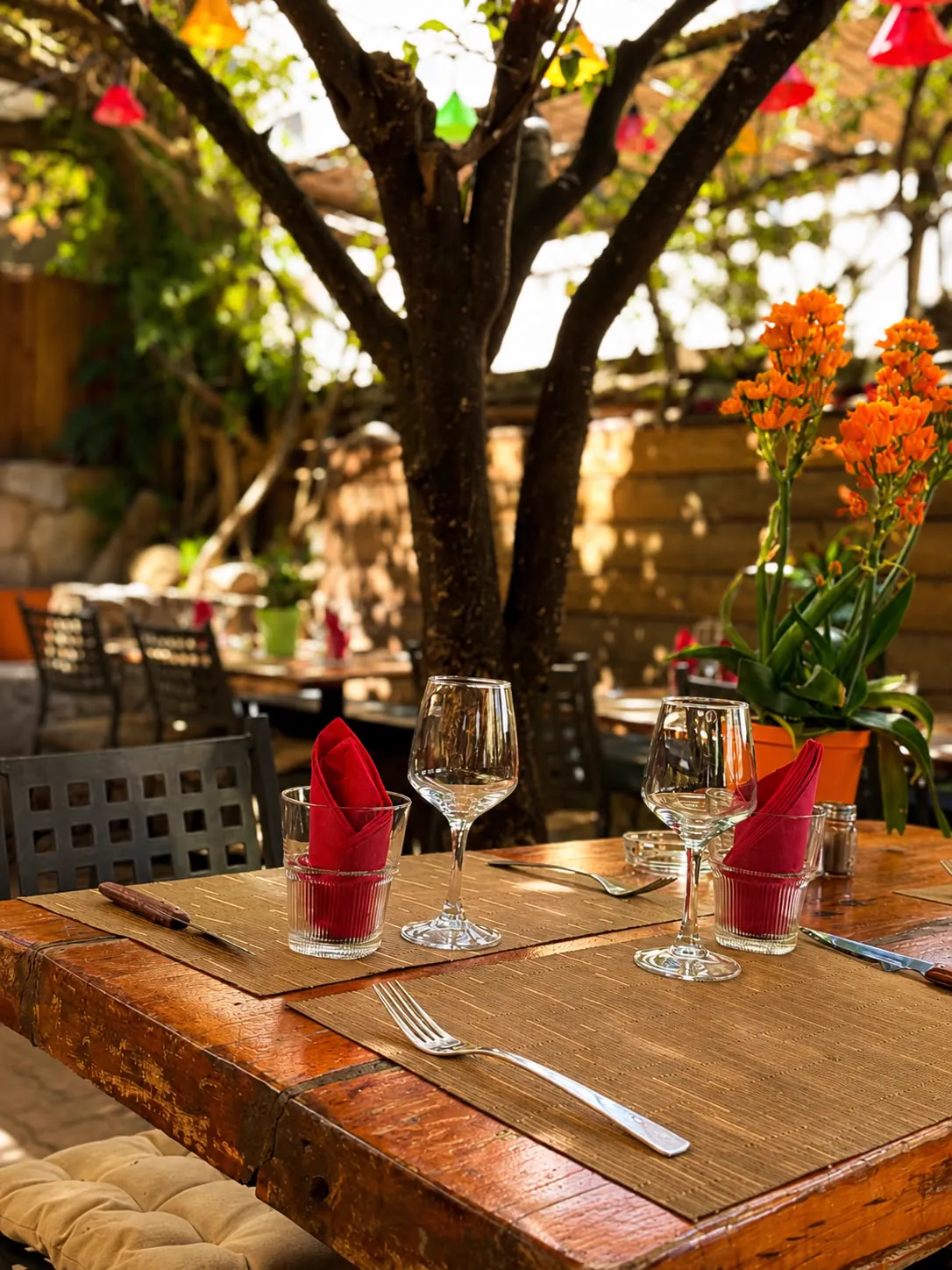 Table dressée en terrasse ombragée, restaurant A Pergola à Porto-Vecchio