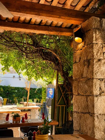 Terrasse sous la treille du restaurant A Pergola, vieille ville de Porto-Vecchio